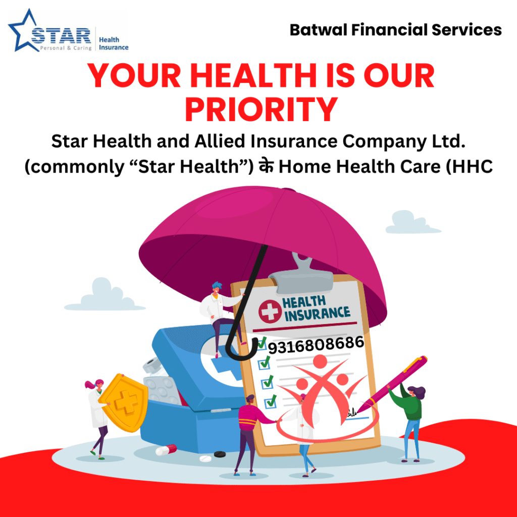 Star Health and Allied Insurance Company Ltd. (commonly “Star Health”) के Home Health Care (HHC) red and white illustration health insurance social media post